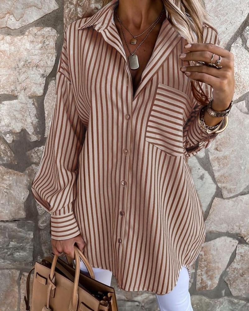 

Button Front Striped Print Lantern Sleeve Shirt, Brown