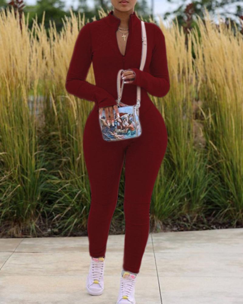 

Plunge Zipper Design Plain Jumpsuit, Wine red
