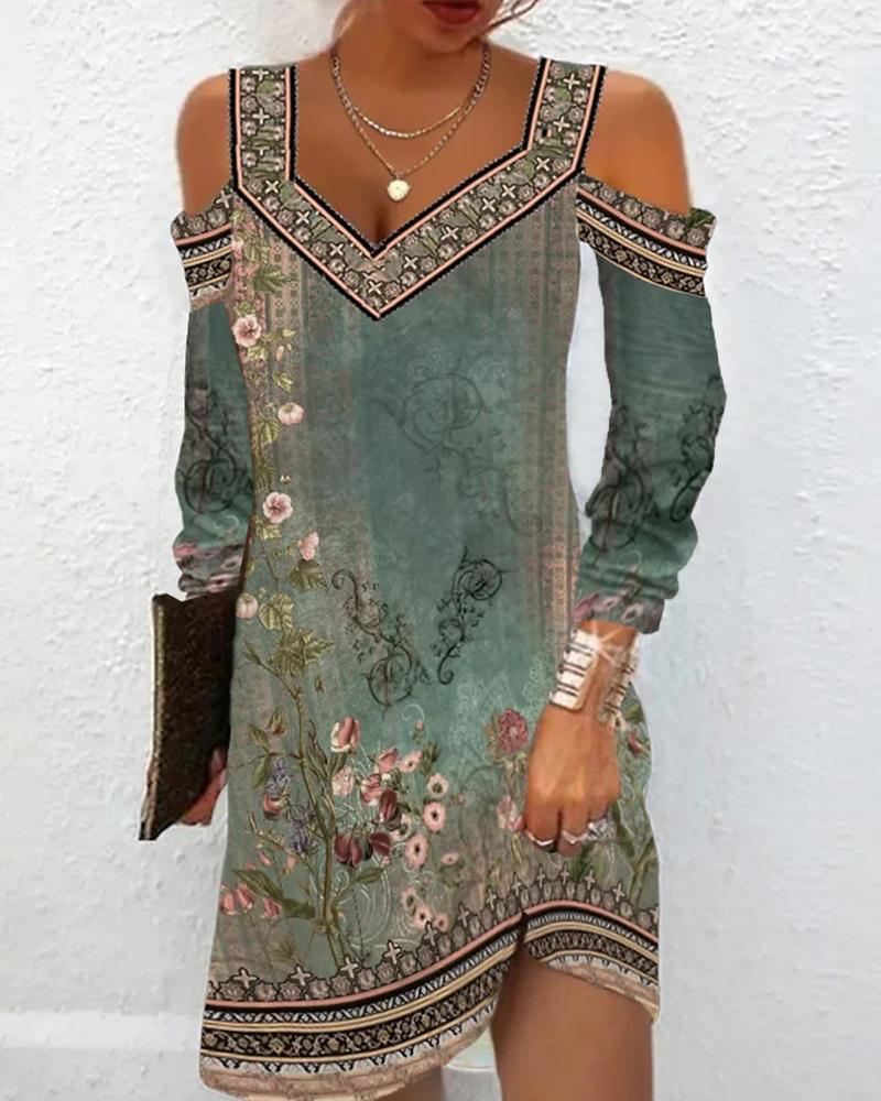 

Floral Tribal Print Cold Shoulder Casual Dress, Green