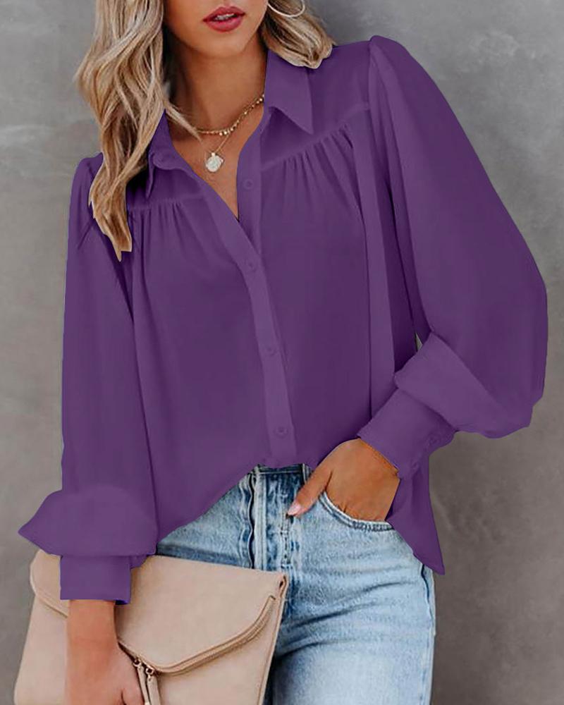 

Lantern Sleeve Ruched Buttoned Shirt, Purple