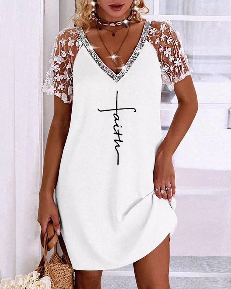 

Crochet Lace Letter Print V-Neck Dress, White