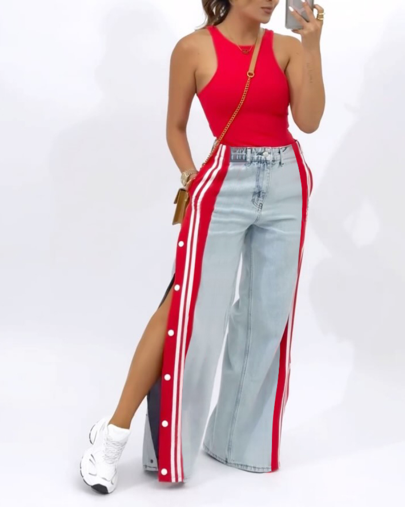 

Colorblock Sports Striped Patchwork Side Button Design Jeans Casual Straight Wide Leg Pants, Red