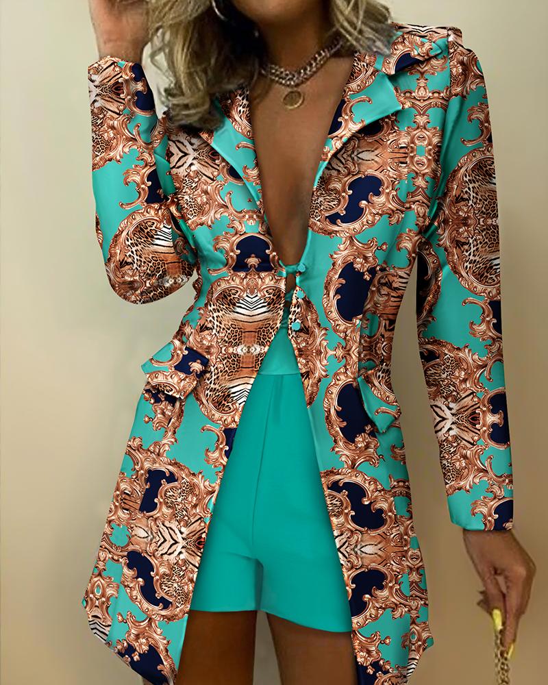 

Baroque Print Long Sleeve Blazer & Shorts Set, Green