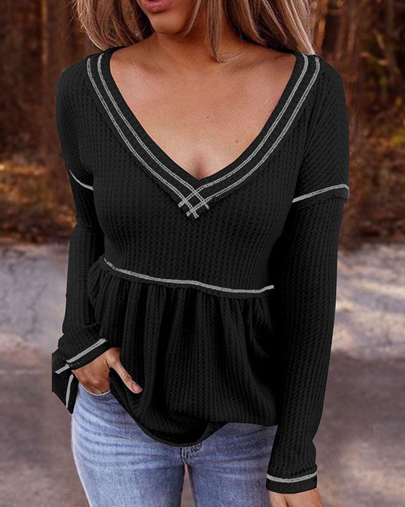 

Long Sleeve Waffle Knit Contrast Stitch Ruffle Hem Top, Black