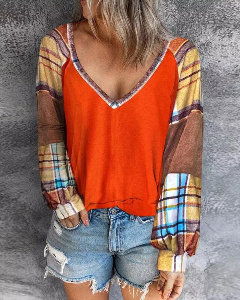 

Contrast Plaid Long Sleeve Top, Orange