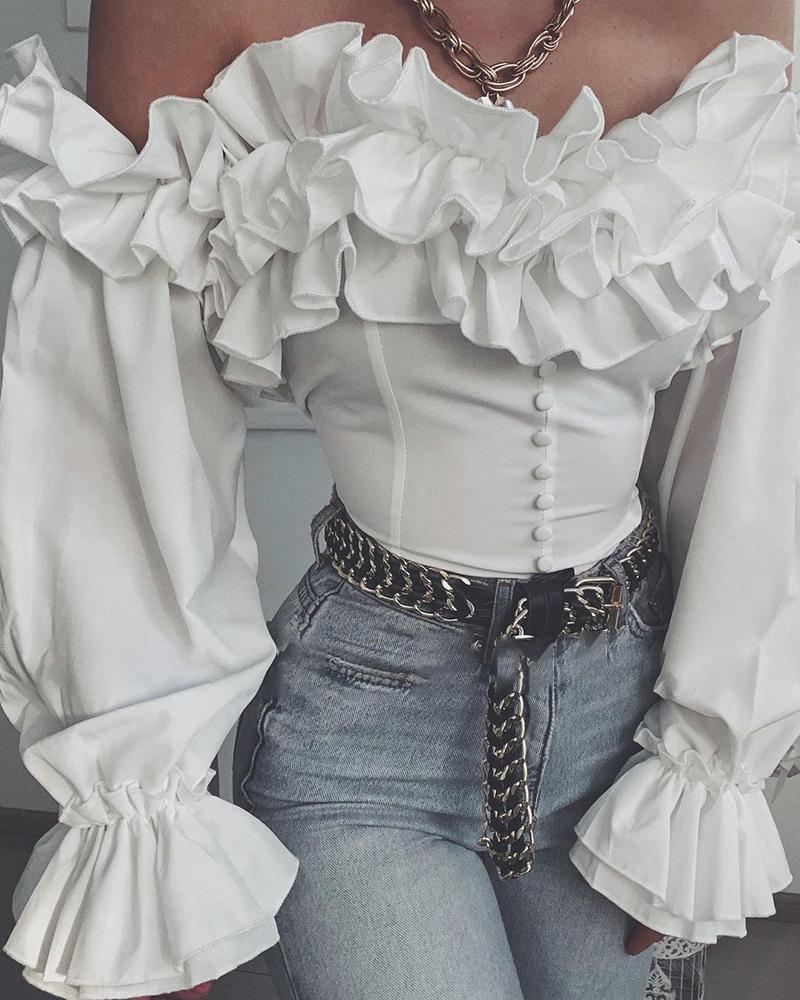 

Off Shoulder Bell Sleeve Ruffles Corset Top Plain Lantern Sleeve Blouse, White