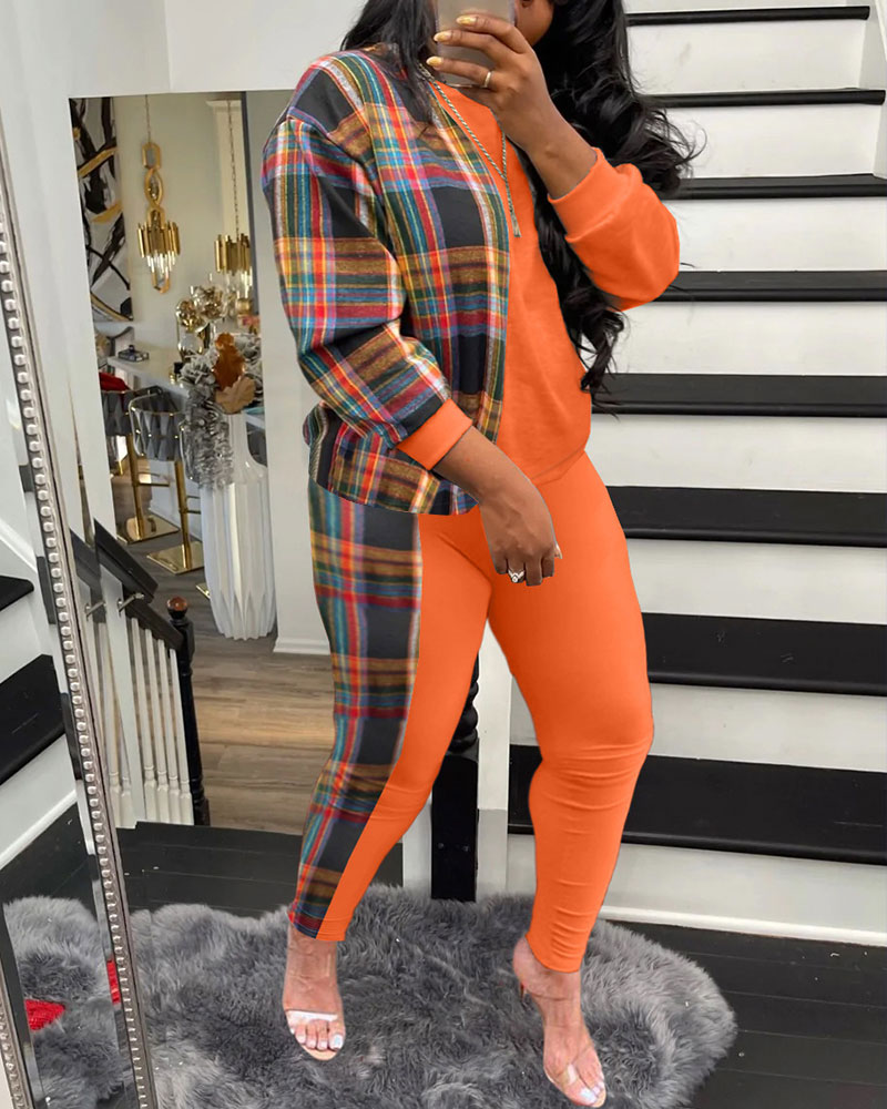 

Plus Size Contrast Plaid Long Sleeve Top & Pants Set, Orange