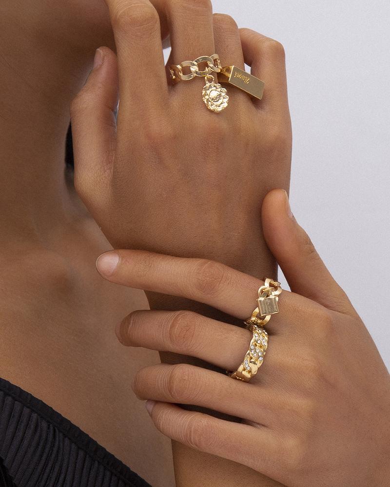 

Floral & Lock Decor Studded Rings Set, Gold