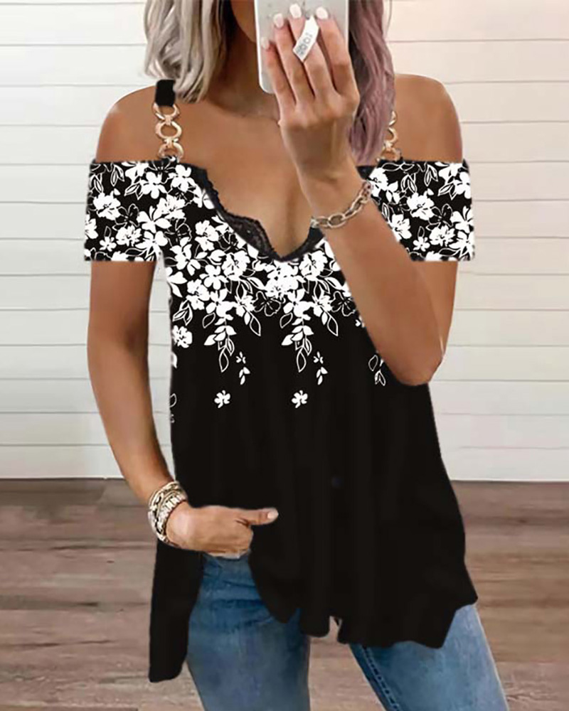 

Floral Print Chain Strap Cold Shoulder Top, White