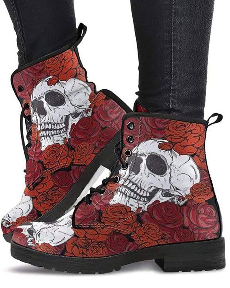 

Halloween Skeleton Rose Print Eyelet Lace-up Martin Boots, Red