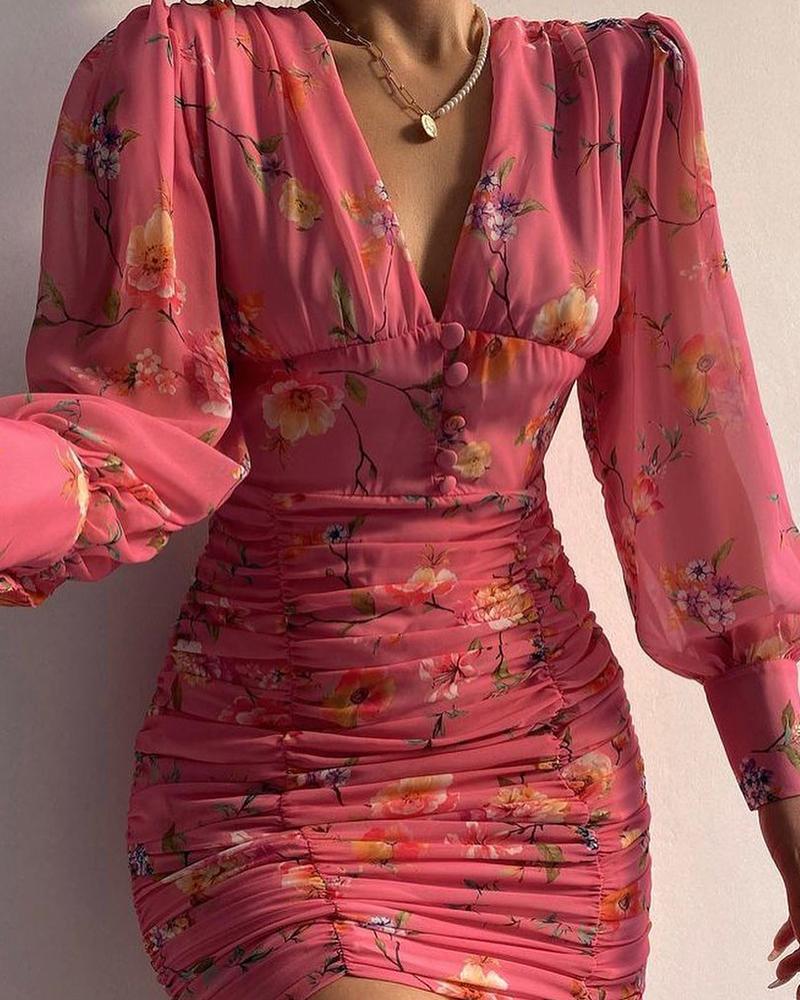 

Puff Lantern Sleeve Floral Print Ruched Bodycon Dress, Pink