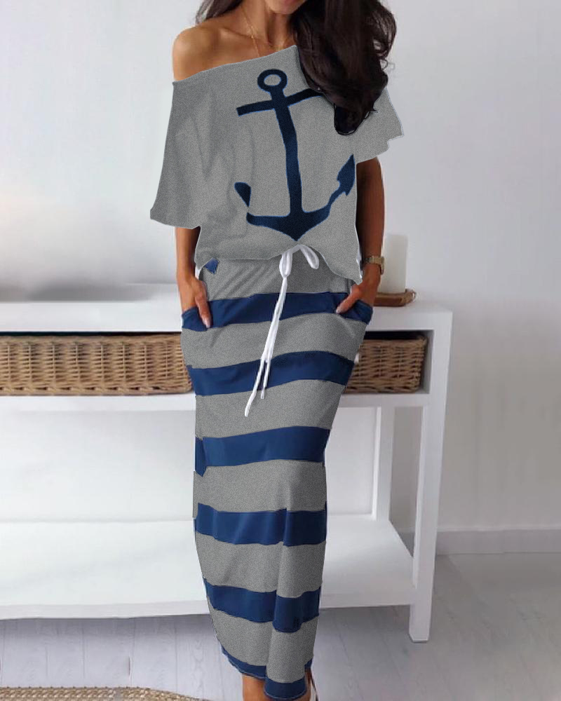 

Boat Anchor Print T-Shirt & Striped Drawstring Skirt Set, Gray