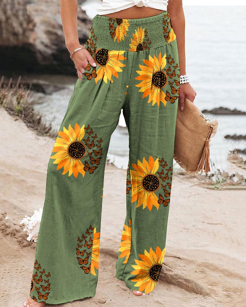 Pantalones anchos de cintura alta con estampado de mariposas y girasoles