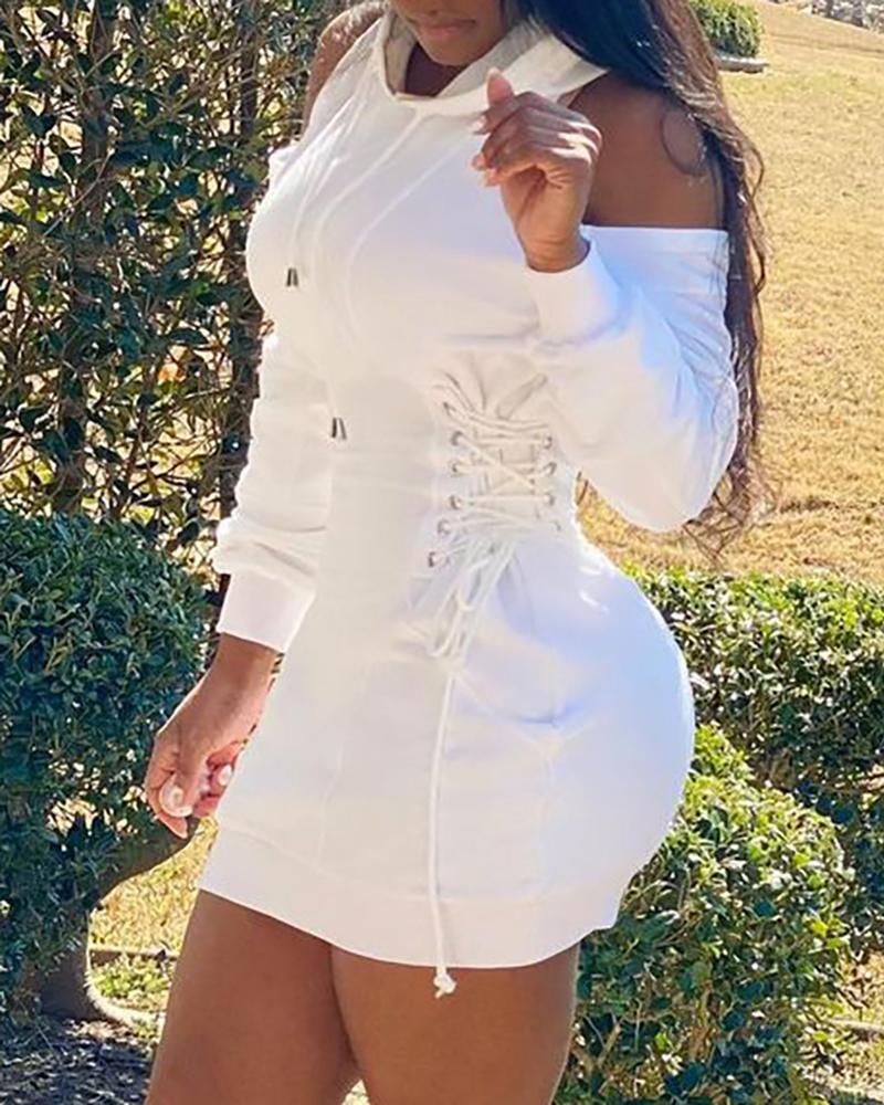 

Eyelet Lace Up Cold Shoulder Long Sleeve Casual Dress, White