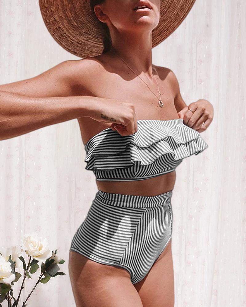 

Layered Ruffles Striped Bandeau High Waist Bikini Set, Black