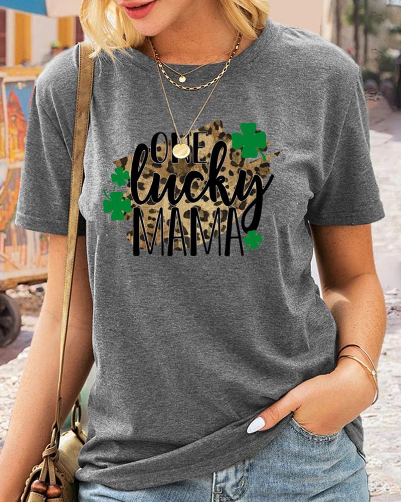 

St.Patrick' Day Letter Cheetah Clover Print Short Sleeve T-Shirt, Gray