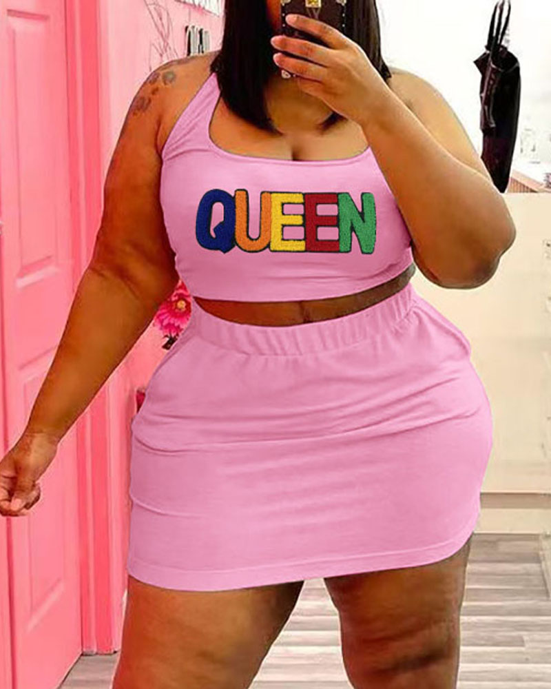 

Embroidery Letter Crop Tank Top & Skirt Set, Pink
