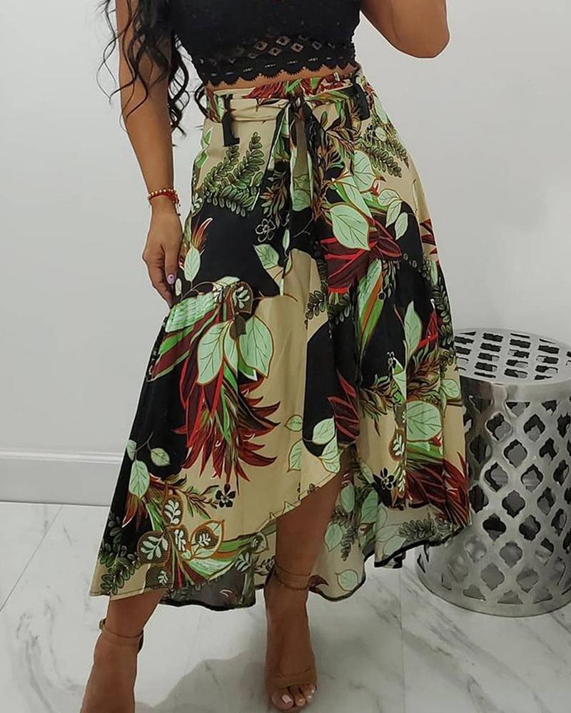 

Leaf Print High Waist Dip Hem Skirt, Green