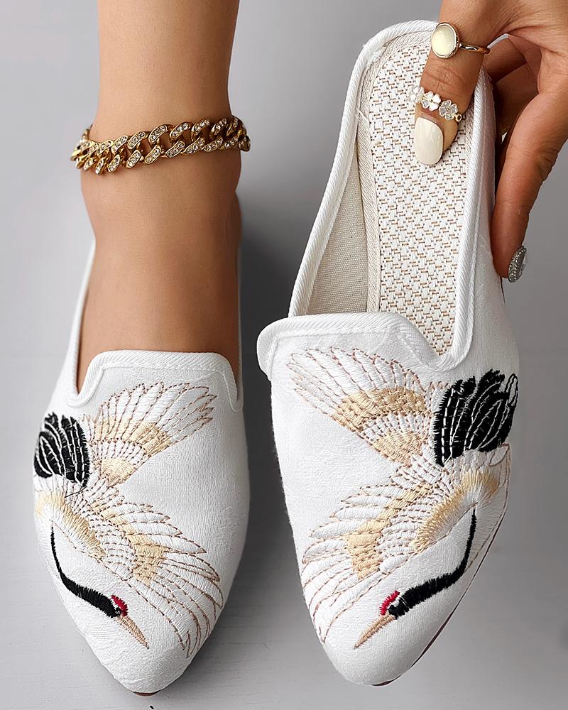 

White Crane Embroidery Slip On Mules