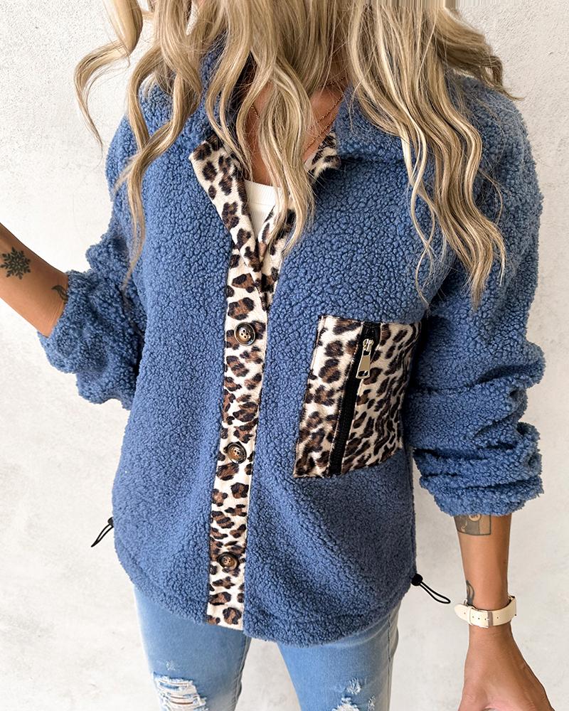

Leopard Print Patchwork Drawstring Teddy Coat, Blue