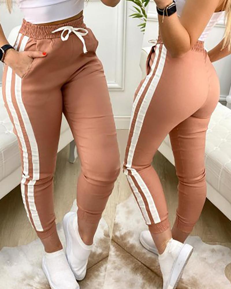 

Striped Pocket Design Drawstring Casual Pants, Pink