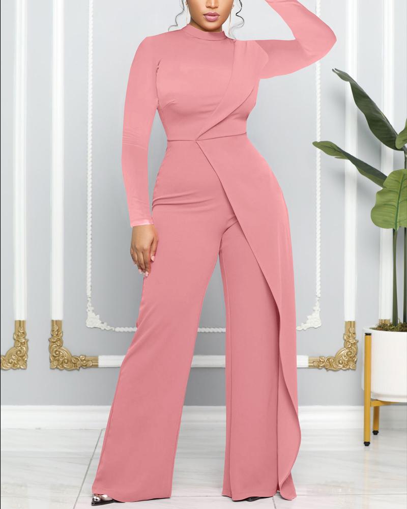 

Plain Long Sleeve Patchwork Jumpsuit, Pink