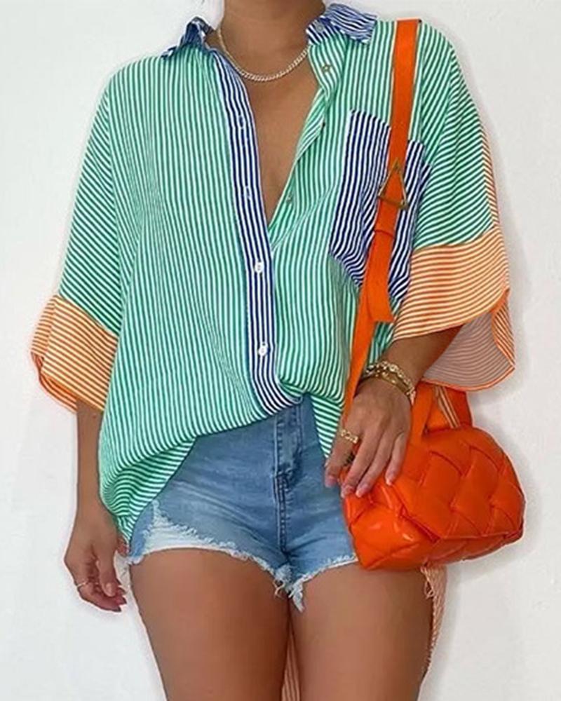 

Striped Pocket Design Buttoned Dip Hem Shirt, Green