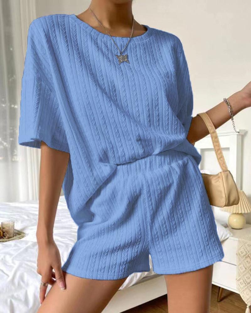 

Cable Textured Half Sleeve Pajamas Set, Blue