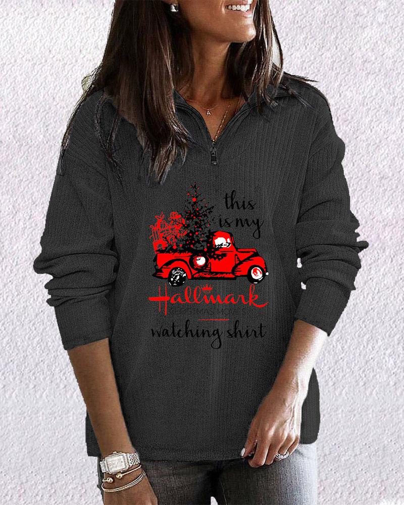 

Christmas Letter Car Print Zipper Front Long Sleeve Sweatshirt, Dark grey