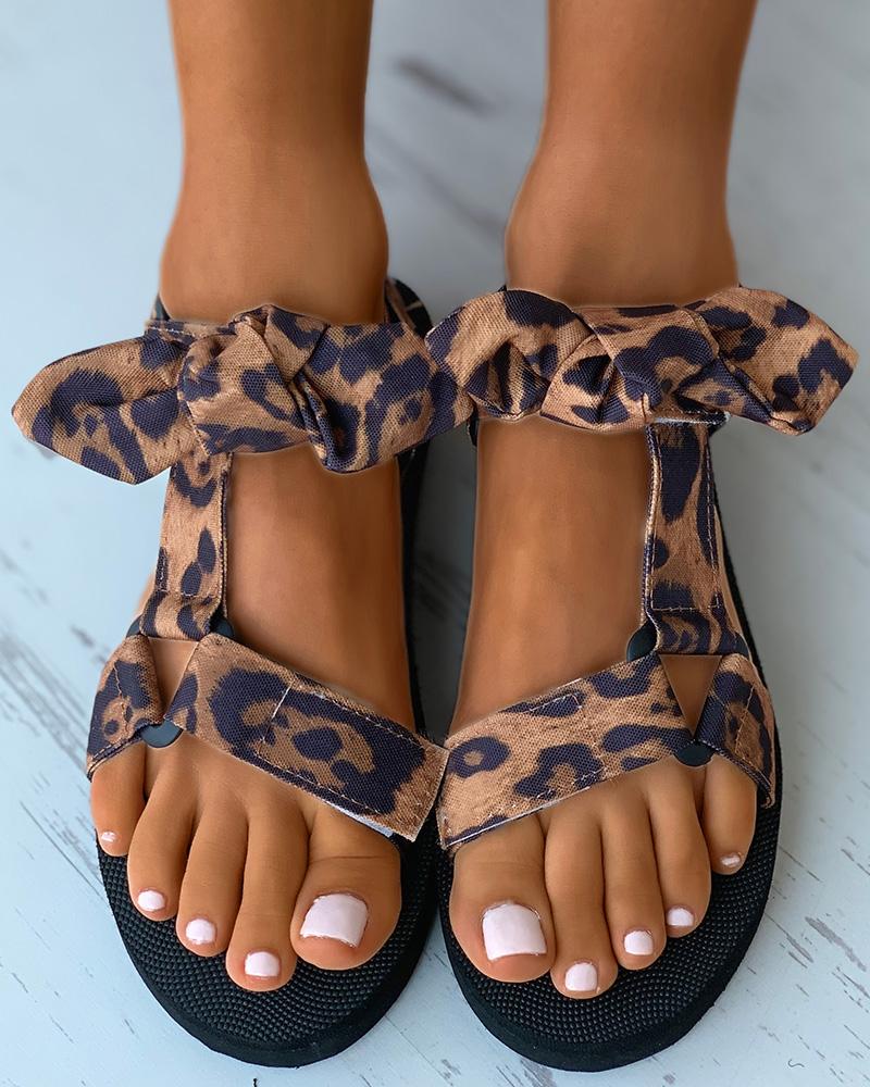 

Colorblock / Cheetah / Polkadot Print Velcro Knotted Flat Sandals, Leopard