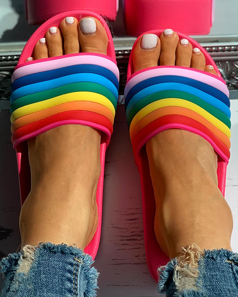 

Rainbow Pattern Colorblock Platform Slide Sandals, Hot pink