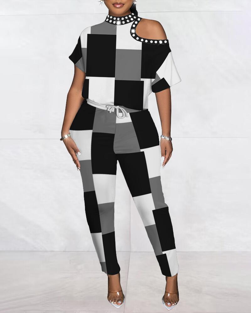 

Geometric Print Colorblock Rhinestone Drawstring Jumpsuit, Black