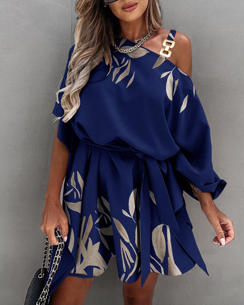 

Plants Print Slash Neck Ruched Dress With Belt, Purplish blue