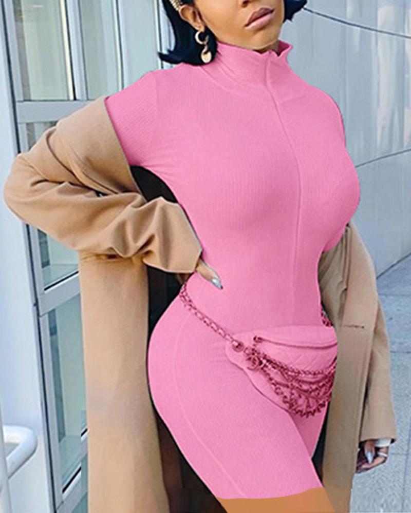

Mock Neck Long Sleeve Zipper Design Butt Lifting Romper, Pink