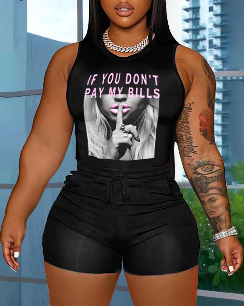 

Plus Size Slogan Print T-shirt & Drawstring Shorts Set, Black