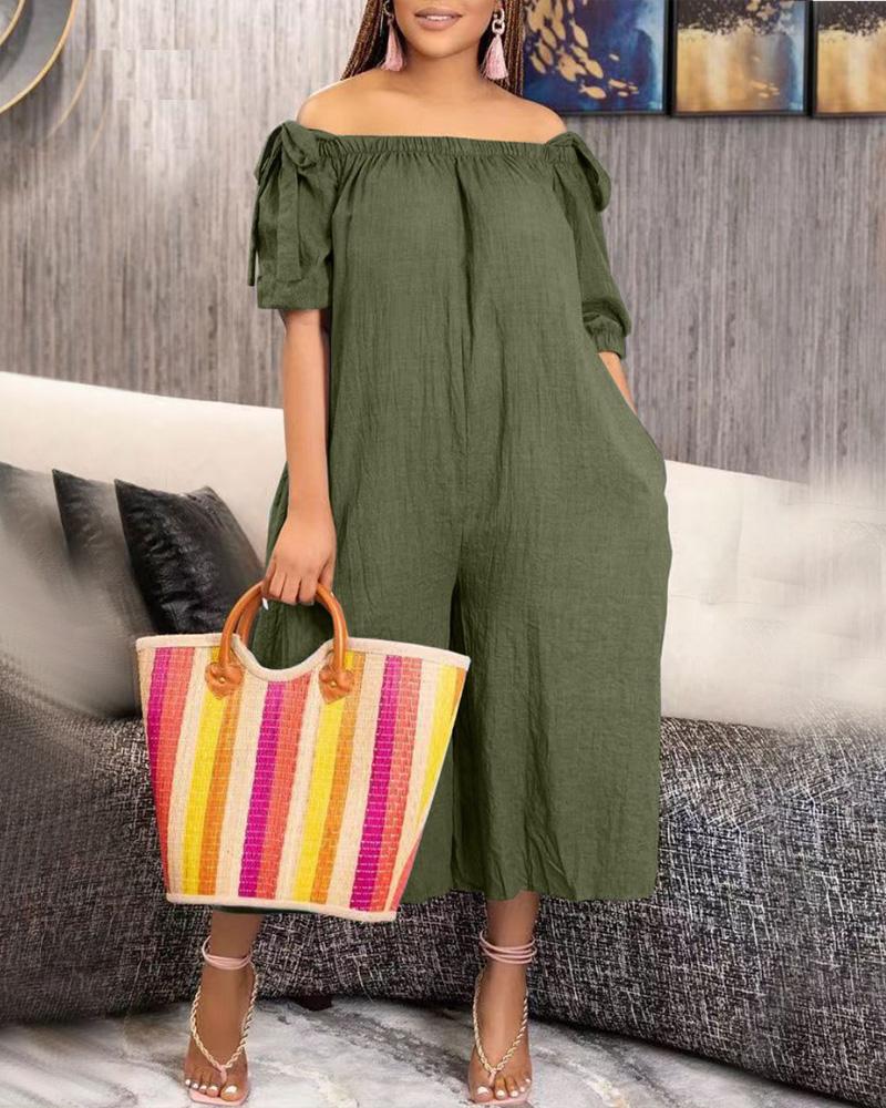 

Off Shoulder Pocket Design Wide Leg Jumpsuit, Green
