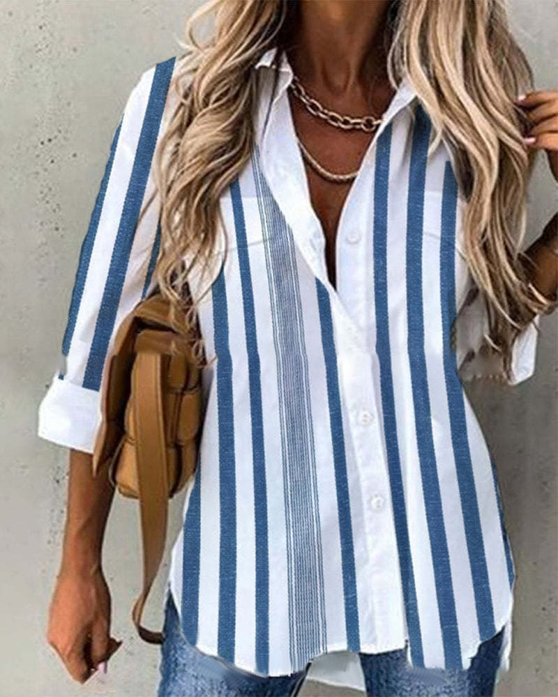 

Striped Print Long Sleeve Button Down Shirt, Blue