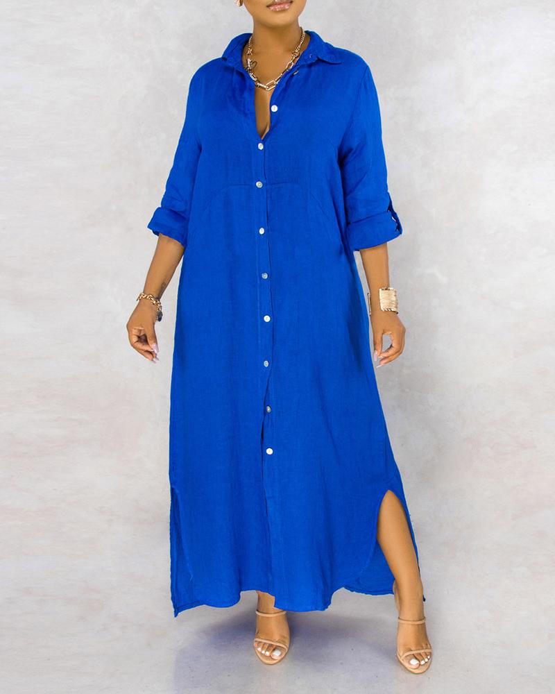 

Long Sleeve Button Design Slit Shirt Dress, Blue