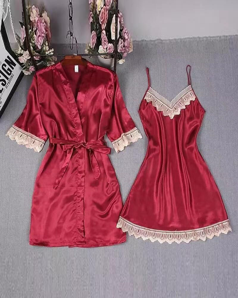 

Contrast Lace Babydoll With Belted Robe, Red