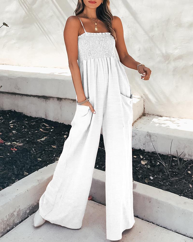 

Spaghetti Strap Plain Shirred Wide Leg Jumpsuit, White