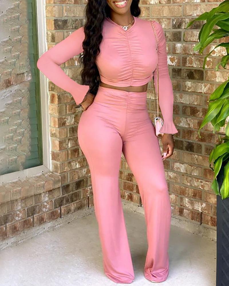 

Ruched Bell Sleeve Crop Top & Bootcut Pants Set, Pink