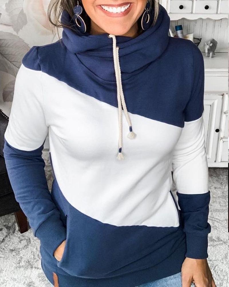 

Colorblock Pocket Design Long Sleeve Hoodie, Purplish blue