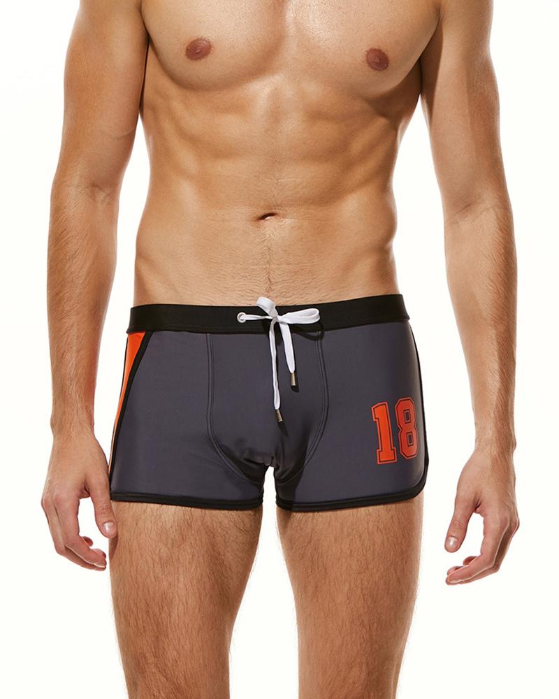 

Colorblock Number Print Skinny Drawstring Swimwear Briefs, Gray