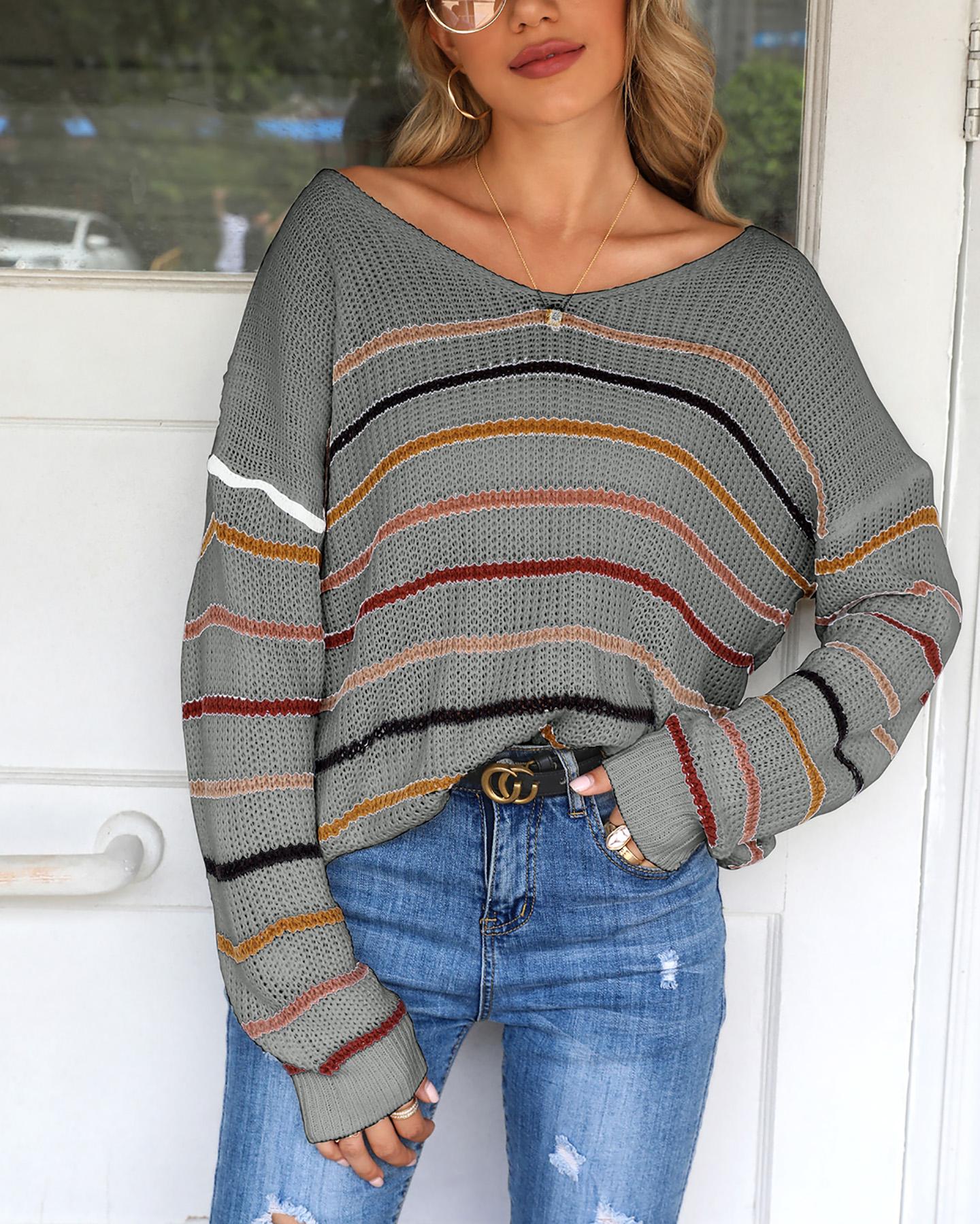 

Striped Colorblock Long Sleeve Knit Sweater, Gray