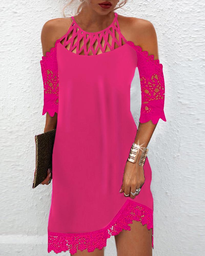 

Contrast Lace Hollow-out Cold Shoulder Casual Dress, Rose red