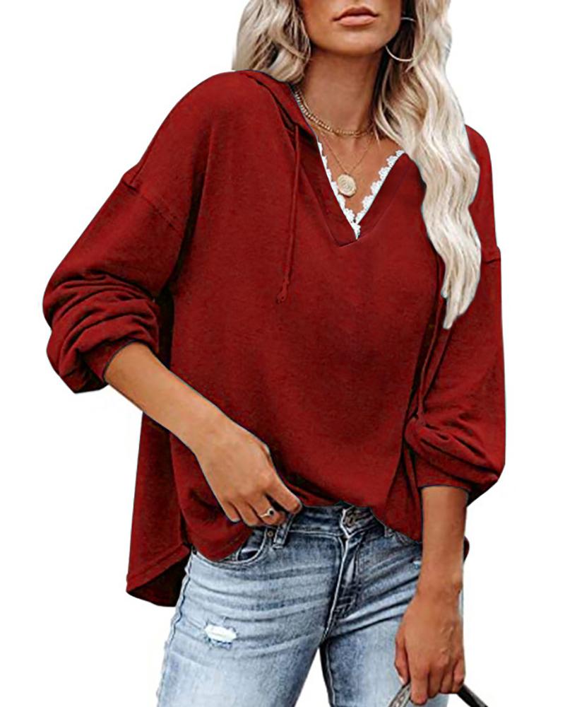 

Long Sleeve Lace Trim Hooded Sweatshirt, Red