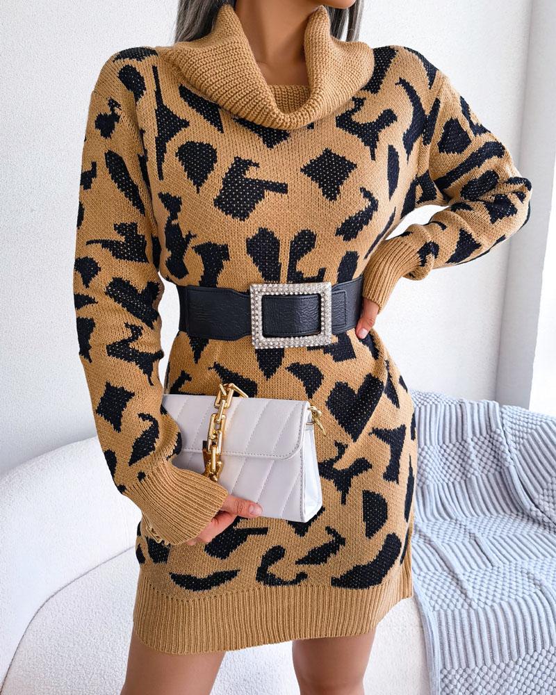 

Abstract Pattern Long Sleeve Turtleneck Sweater Dress, Khaki