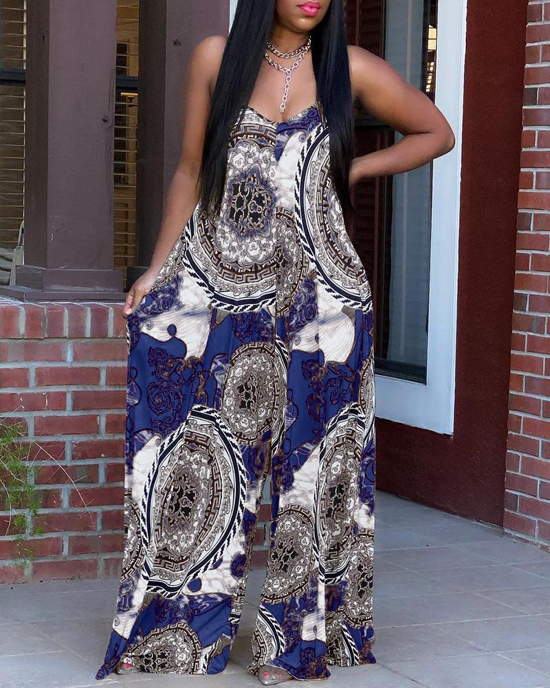 

Scarf Print Spaghetti Strap Wide Leg Jumpsuit, Blue