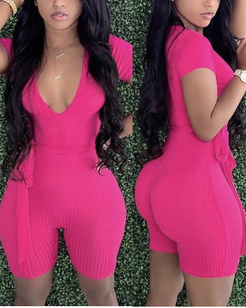 

Deep V-Neck Ribbed Belted Romper, Hot pink