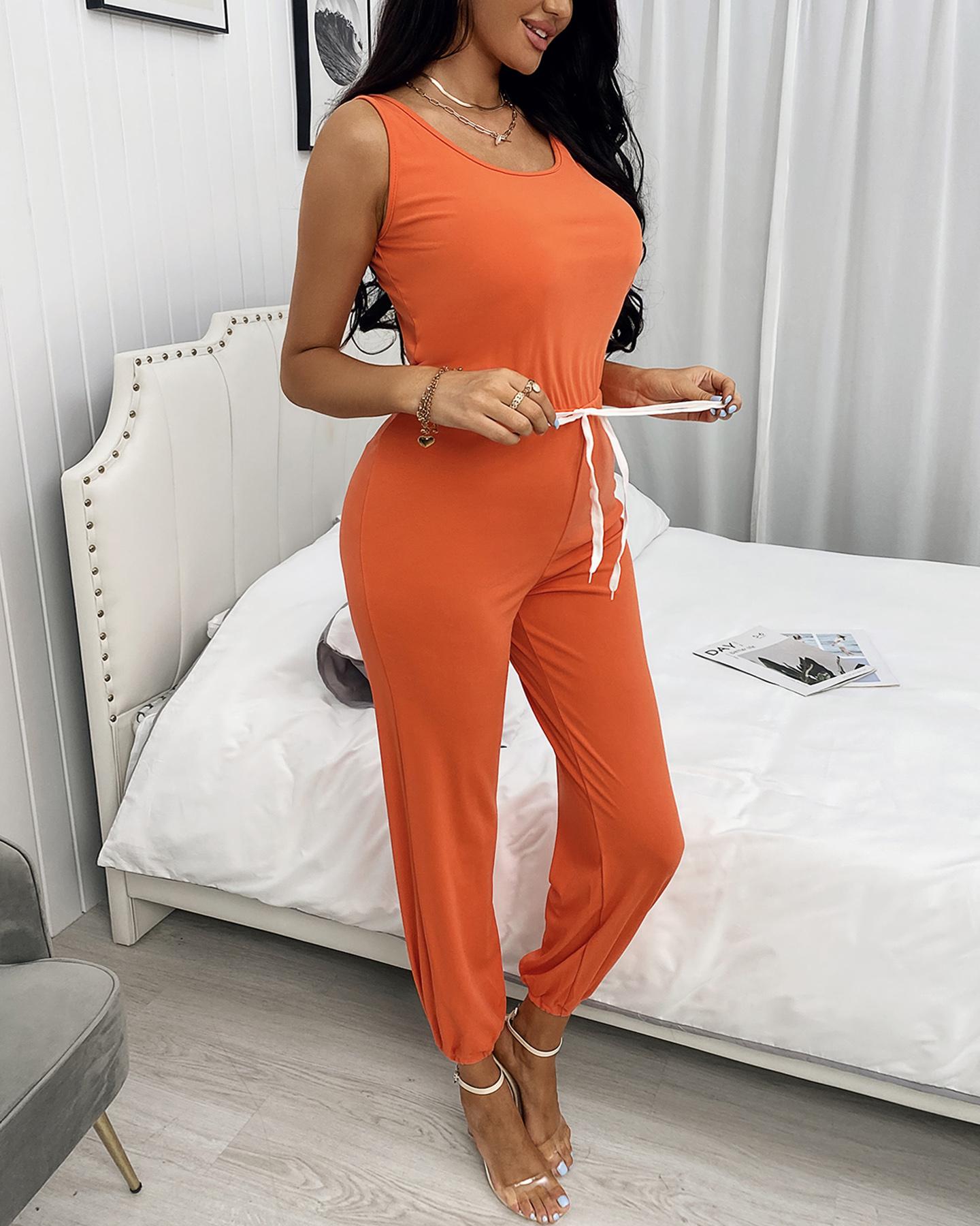 

Thick Strap Drawstring Casual Jumpsuit, Orange